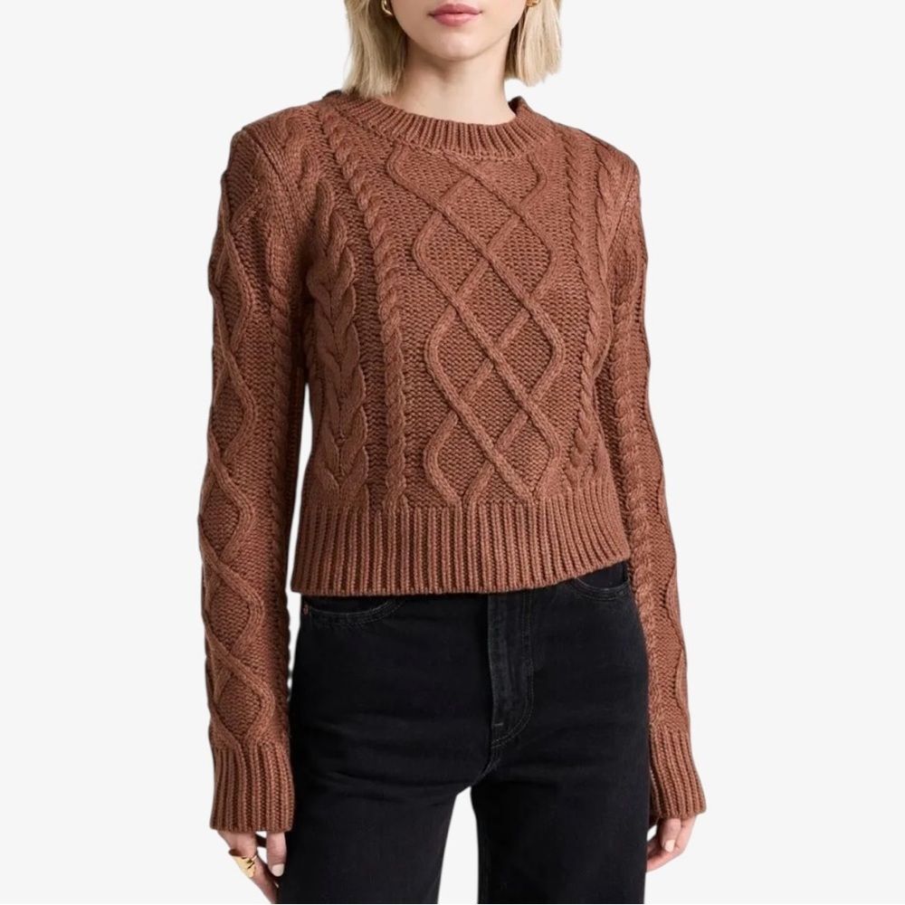 NWT English Factory Cable Knit Sweater Chocolate Brown Cropped Crew Neck Small